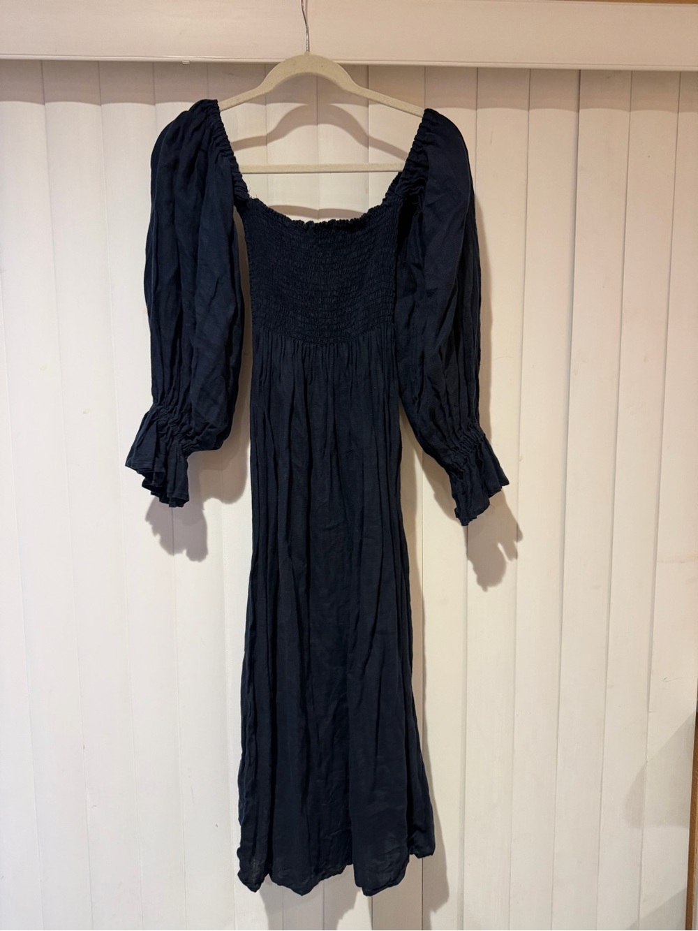 Sleeper Black Smocked Maxi Dress with Puff Sleeves